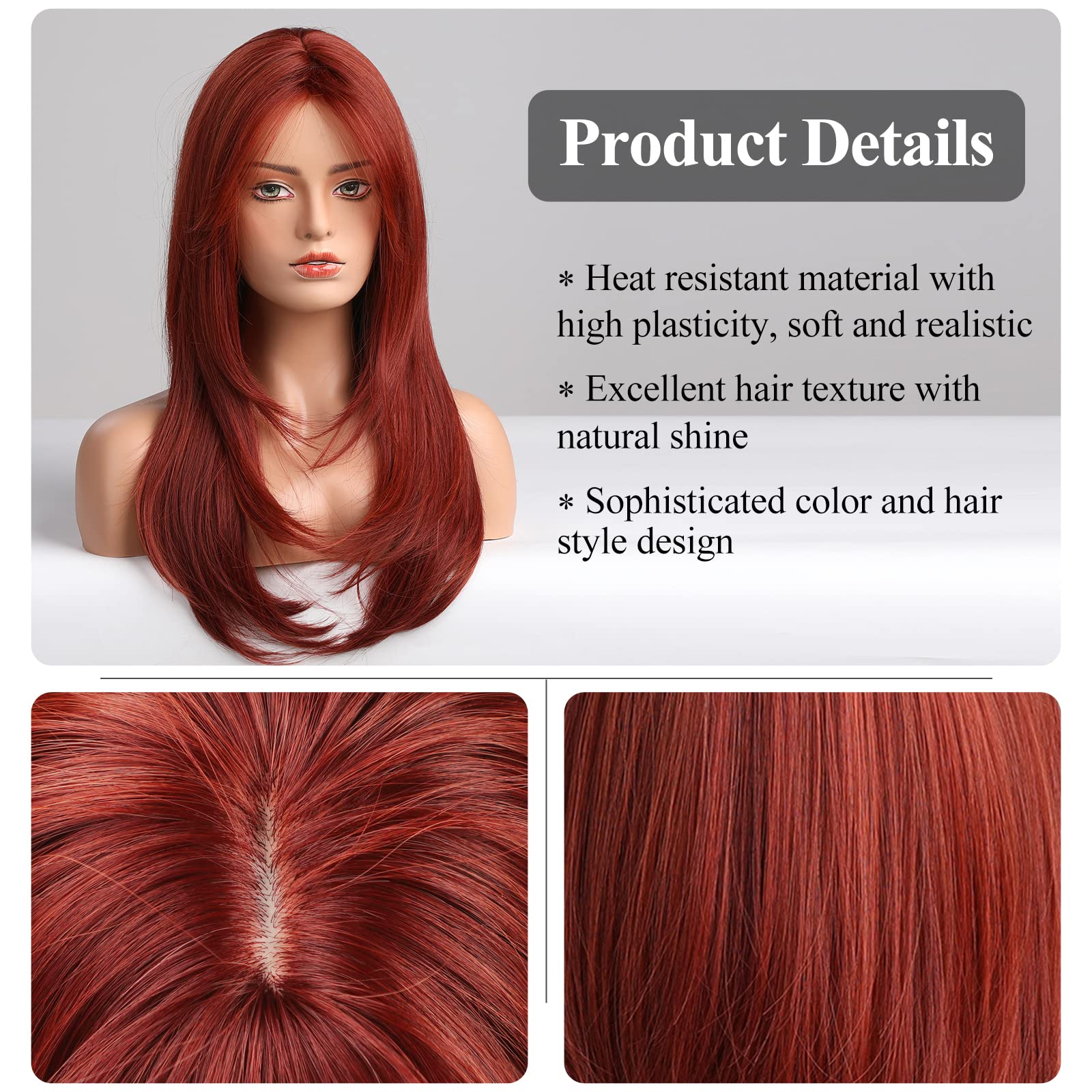 HAIRCUBE Auburn Wigs for Women,Long Layered Orange Wigs with Bangs Heat Resistant Synthetic Fibre Wigs(pelucas de cabello natural)