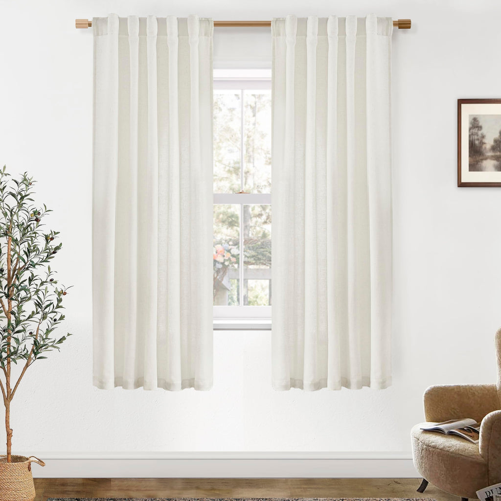 Black Linen Cotton Blend Sheer Curtains, Moody Light Filtering Drapes for Dark Academia Inspired Study Bedroom Living Room, 84 Inch Long 2 Panels Set