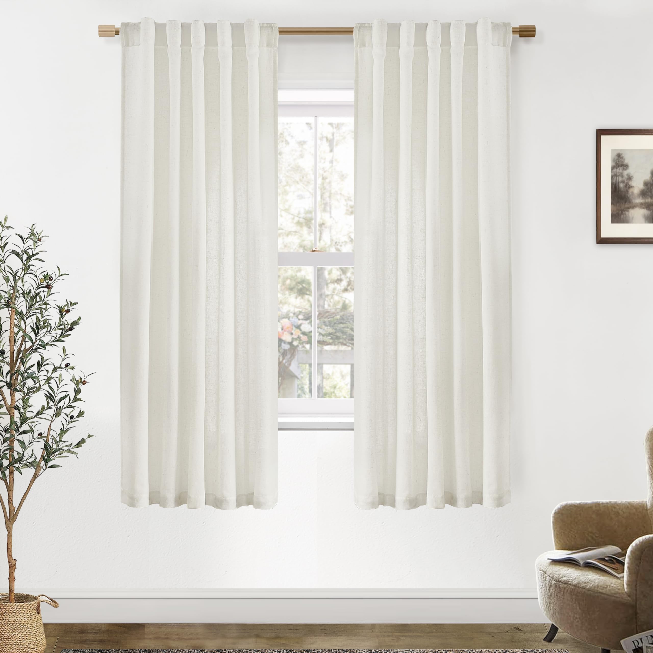 Black Linen Cotton Blend Sheer Curtains, Moody Light Filtering Drapes for Dark Academia Inspired Study Bedroom Living Room, 84 Inch Long 2 Panels Set