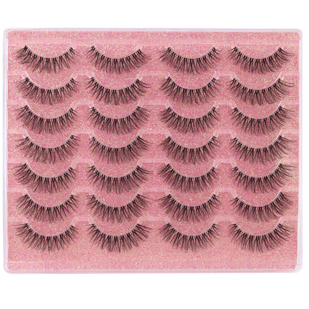 False Lashes Natural Look Wispy Eyelashes Manga Korean Spiky 16mm Short Faux Mink Eyelashes Cat Eye Natural Fake Eyelashes Strip Lashes Pack 14 Pairs