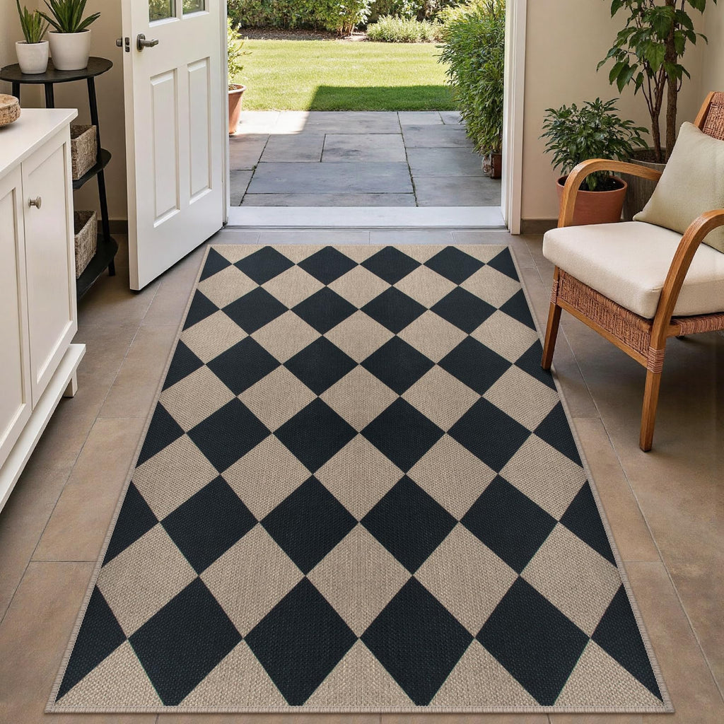 Rugalia Easy Jute Checkered Entryway Rug, 2x3 Black Modern Indoor Outdoor Doormat, Washable Non-Slip Neutral Small Kitchen Rug Farmhouse Diamond Throw Rugs for Entrance Bedroom Bathroom