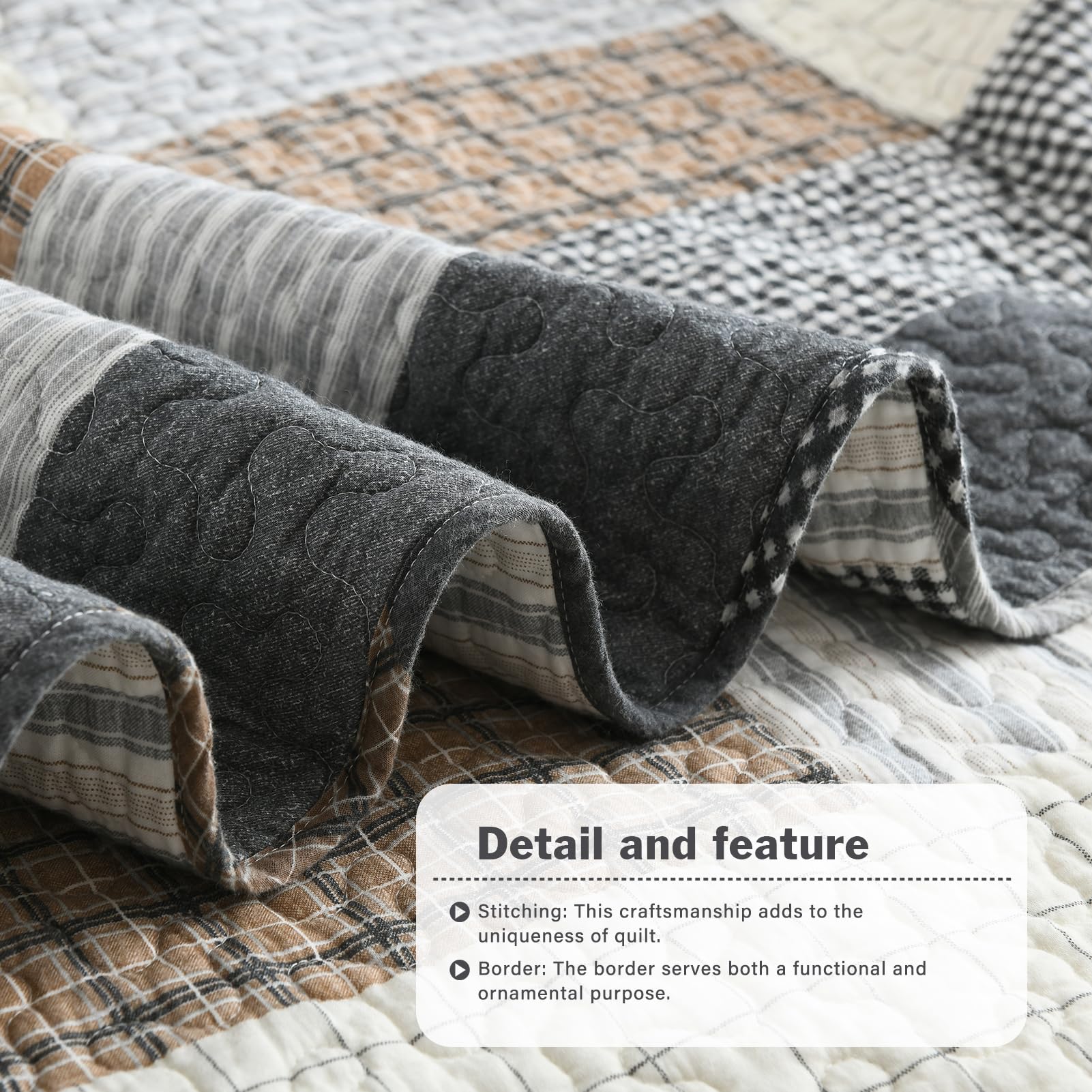 Y-PLWOMEN 100% Cotton Farmhouse Plaid Lightweight 3-Pieces Quilt Set (Blue Brown, Queen90 * 98 Inch)
