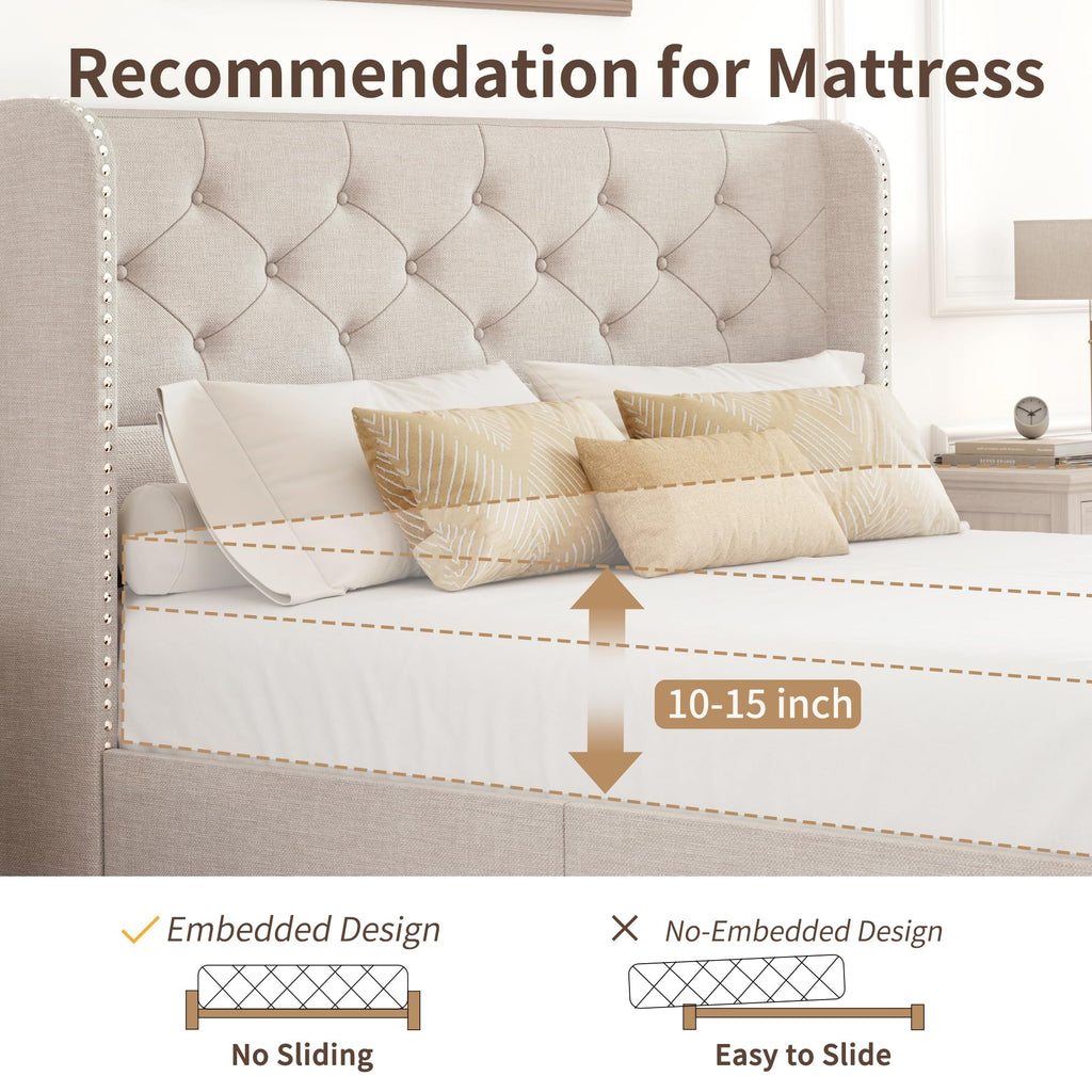 BRELTAM Full Size Bed Frame with Storage Drawers and Wingback Headboard Linen Upholstered Platform Bed Frame Tufted Beds with Heavy Duty Wood Slats, Noise Free, Easy Assembly, Beige