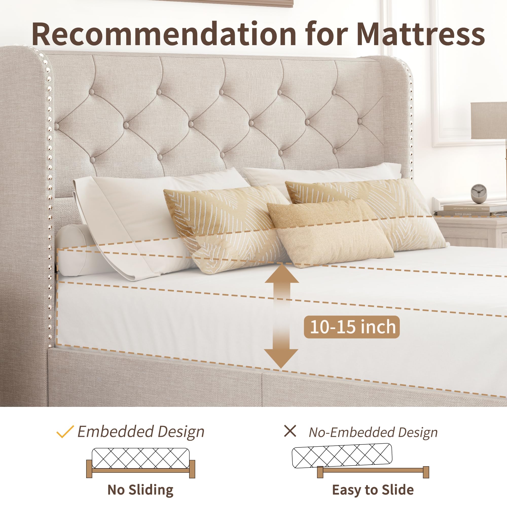 BRELTAM Full Size Bed Frame with Storage Drawers and Wingback Headboard Linen Upholstered Platform Bed Frame Tufted Beds with Heavy Duty Wood Slats, Noise Free, Easy Assembly, Beige
