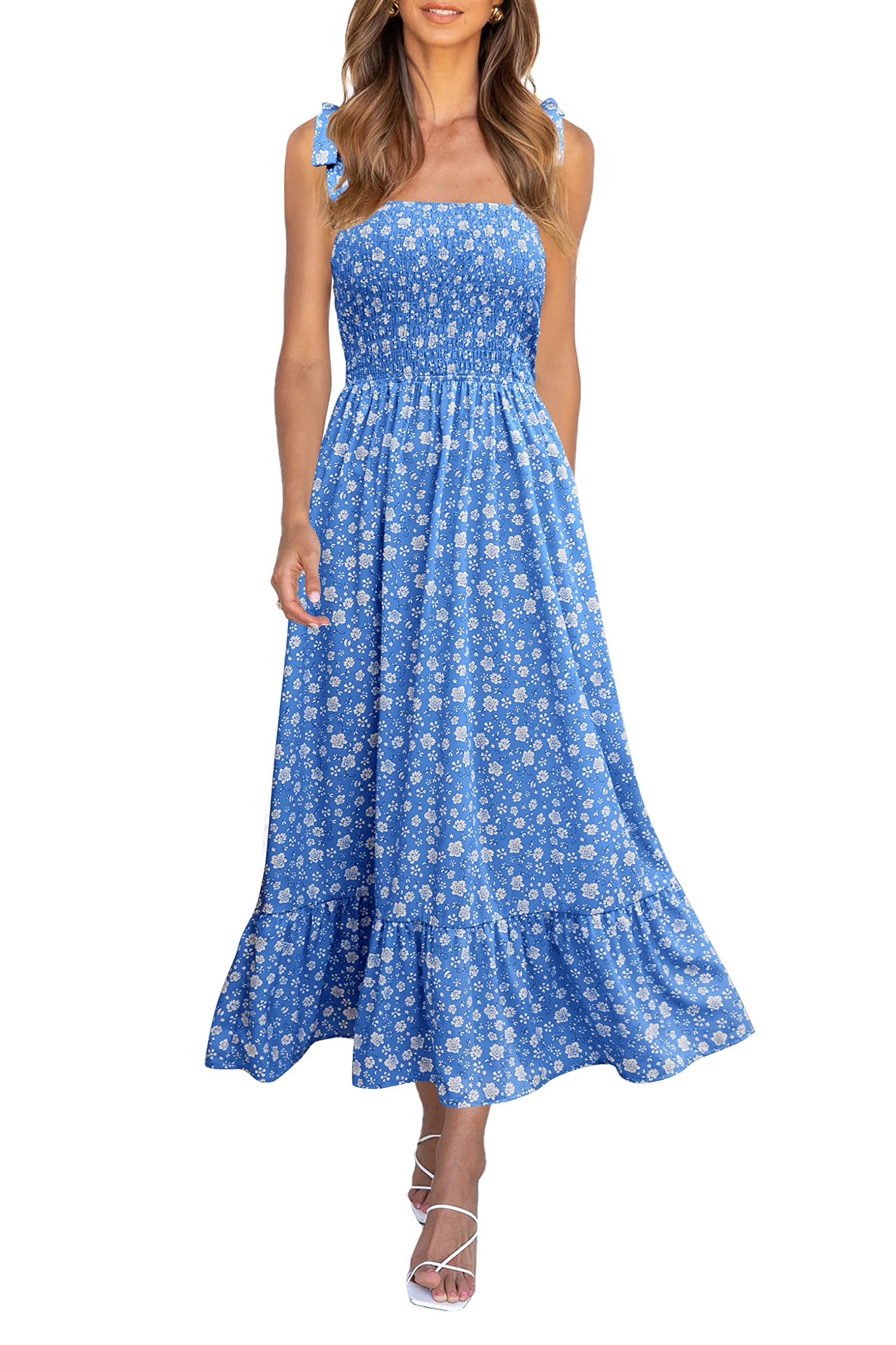 Imily Bela Womens Summer Floral Maxi Dress Boho Tie Strap Sleeveless Smocked A Line Beach Sundress Long Dresses