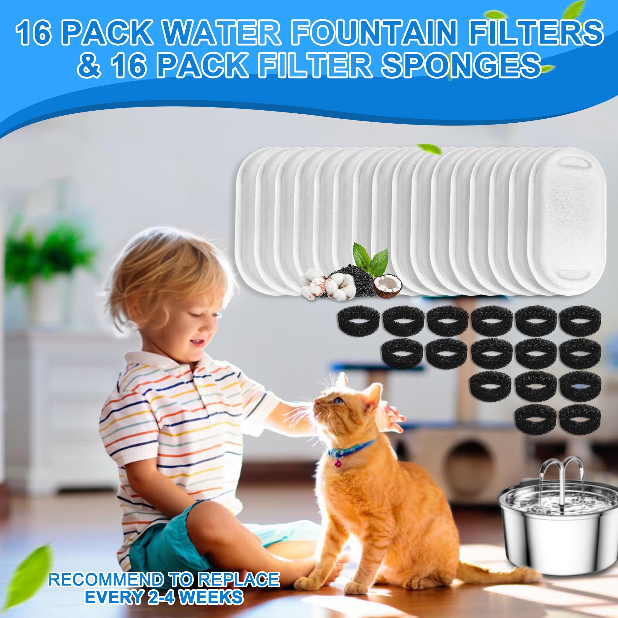 Cat Water Fountain Filters, 20Pack Cat Fountain Replacement Filters for Stainless Steel 108oz/3.2L& 67oz/2L adjustable Water Flow Pet Water Fountain,Dog Water Fountain Filters（10 Filters& 10 Sponges)