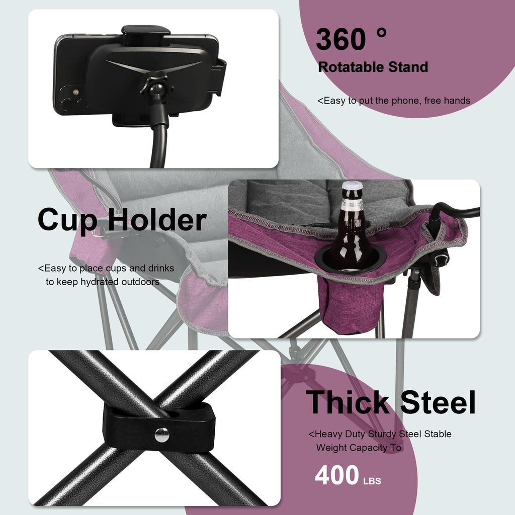 Northroad Oversized XL Padded Camping Chair w/Cell Phone Holder, Large Camp Chair, Foldable Lawn Chair w/Cup Holder,Carry Bag for Outdoor Hiking, Picnics, Heavy-Duty 400-lbs Capacity, Moca