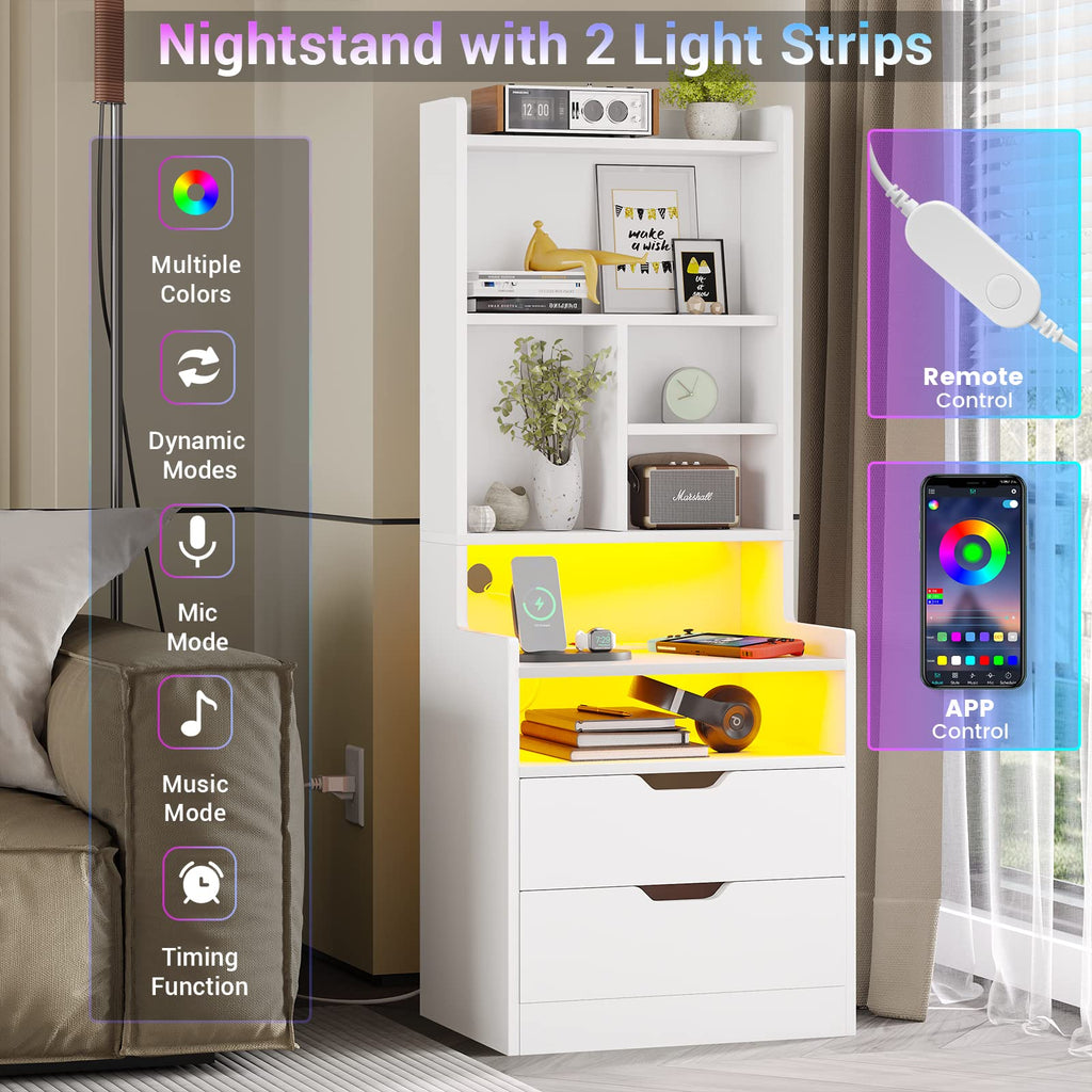 BTHFST Tall Nightstand with LED Lights and Charging Station, LED Black Nightstand with Shelves and 2 Drawers, Bedside Table with Bookshelf, Tall Side End Table with Storage