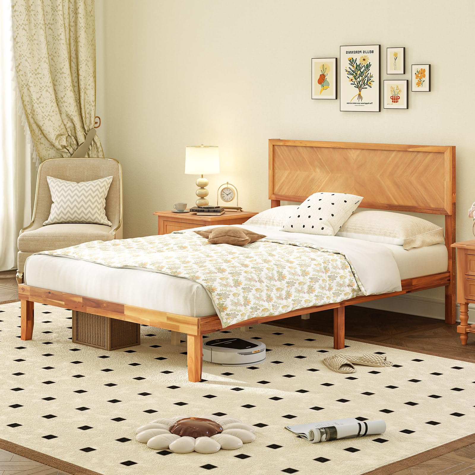 Giantex Wood Twin Bed Frames with Headboard, Solid Acacia Wood Platform Bed with 12 Strong Wooden Slat Support, Scandinavian Style Art Deco Twin Size Bed Frame, No Box Spring Needed, Rustic Brown