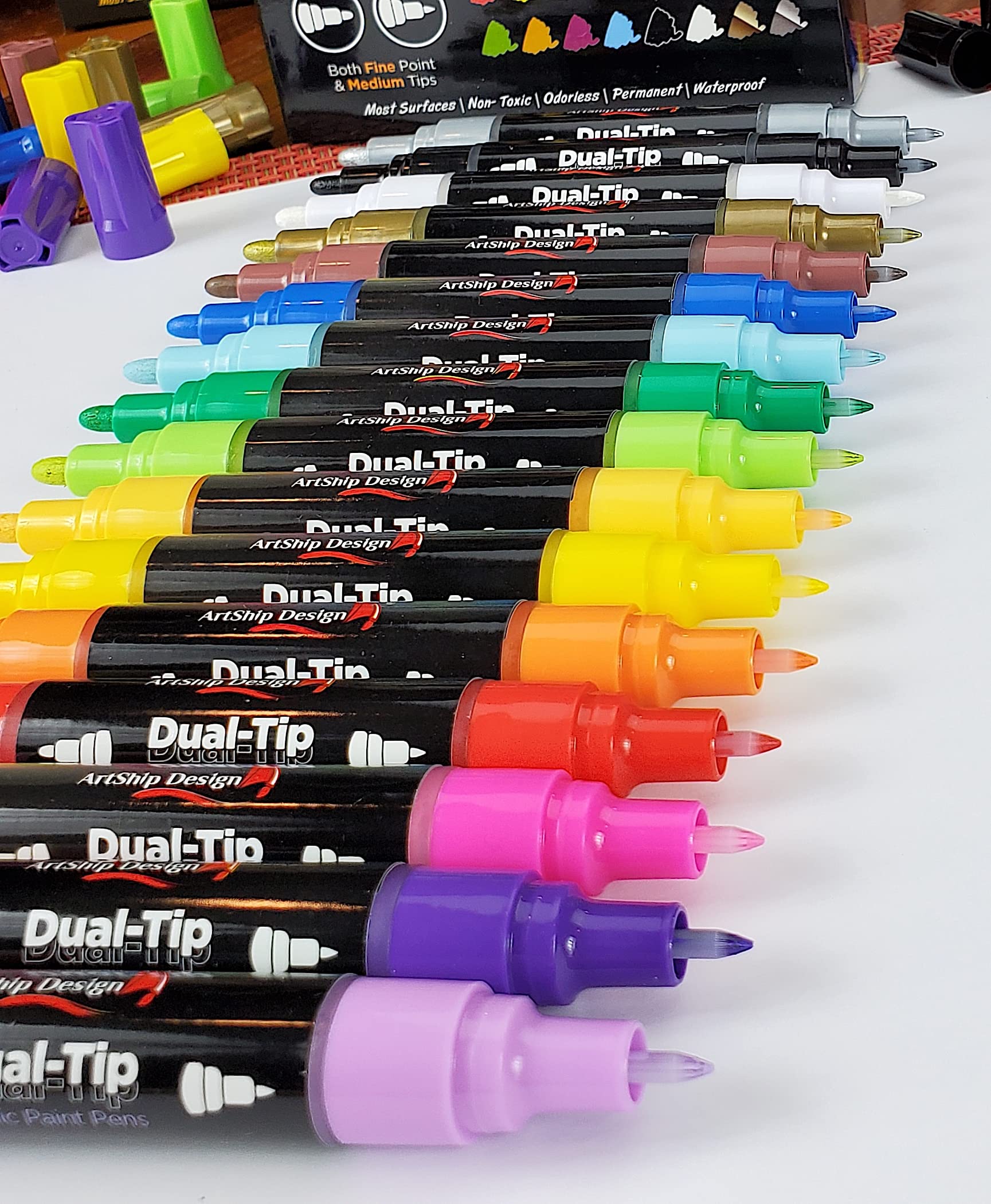 ArtShip Design 10 Black Acrylic Paint Pens, Double Pack of Both Extra Fine and Medium Tip Paint Markers, for Rock Painting, Mug, Ceramic, Glass, and Fabric Painting, Water Based Non-Toxic and No Odor