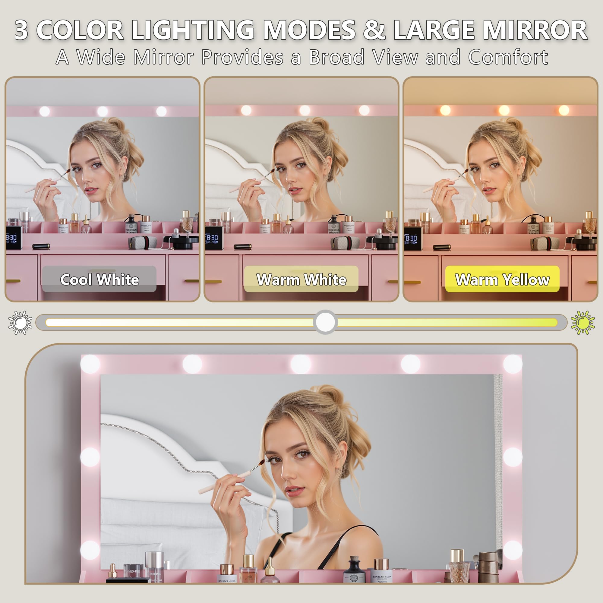 BORNOON 45” Fluted Makeup Vanity Desk with Mirror and Lights, Glass Top Dressing Table with 5 Drawers, LED Lighted Adjustable Cabinet, Trays & Charging Station for Bedroom Dressing Room