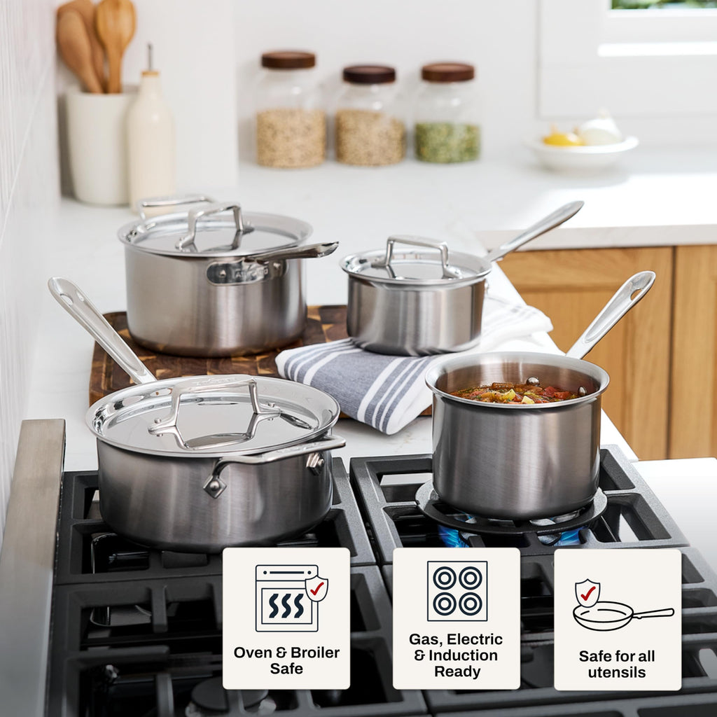 All-Clad D5 5-Ply Brushed Stainless Steel Sauce Pan 1.5 Quart Induction Oven Broiler Safe 600F Pots and Pans, Cookware Silver