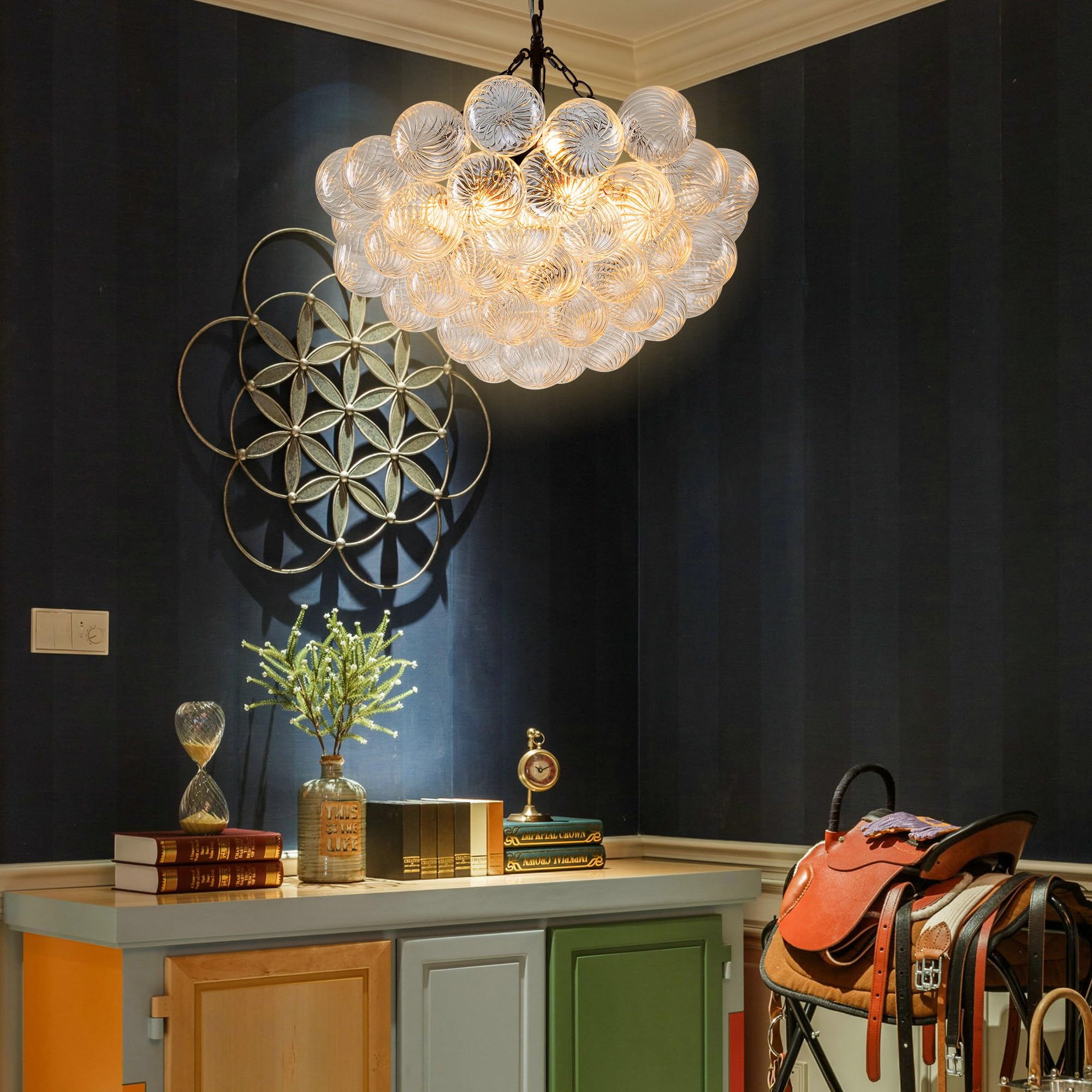 Longree Bubble Glass Ball Chandelier White 20" Dia Pendant Light | Swirled Glass Globe, for Dining Room Kitchen Bathroom Entry Bedroom