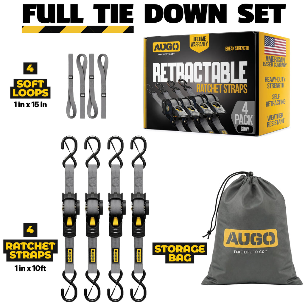 AUGO Retractable Ratchet Straps | 2 Heavy Duty Ratchet Straps Self Retractable Tie Downs with Soft Loops & Storage Bag for Motorcycle, Truck, Trailer, Cargo Van | 1200 Lb Break Strength 1” x 10’