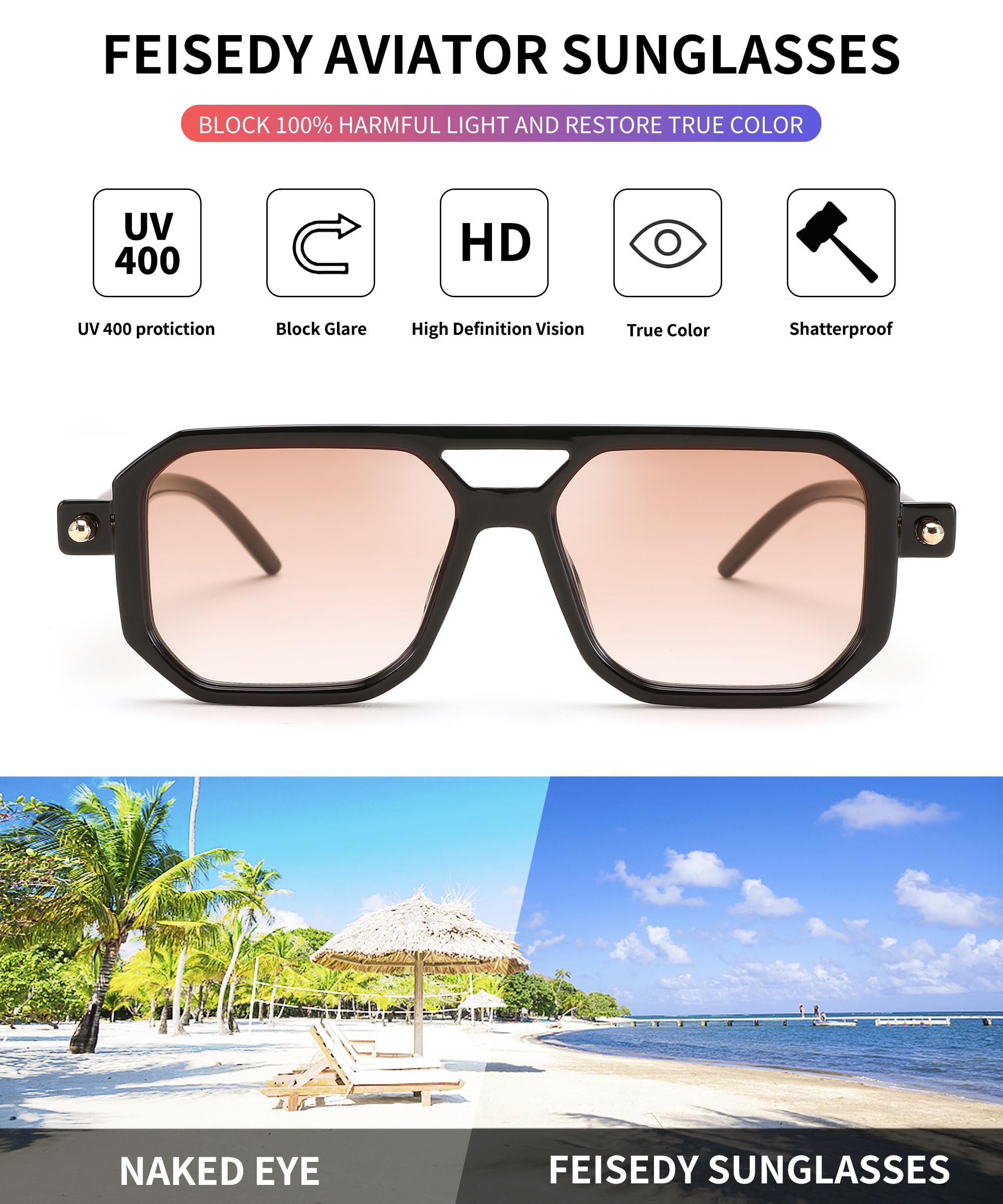 FEISEDY Vintage Square 70s Flat Aviator Sunglasses Women Men Classic Retro Stylish Frame UV400 Sunglasses B2622
