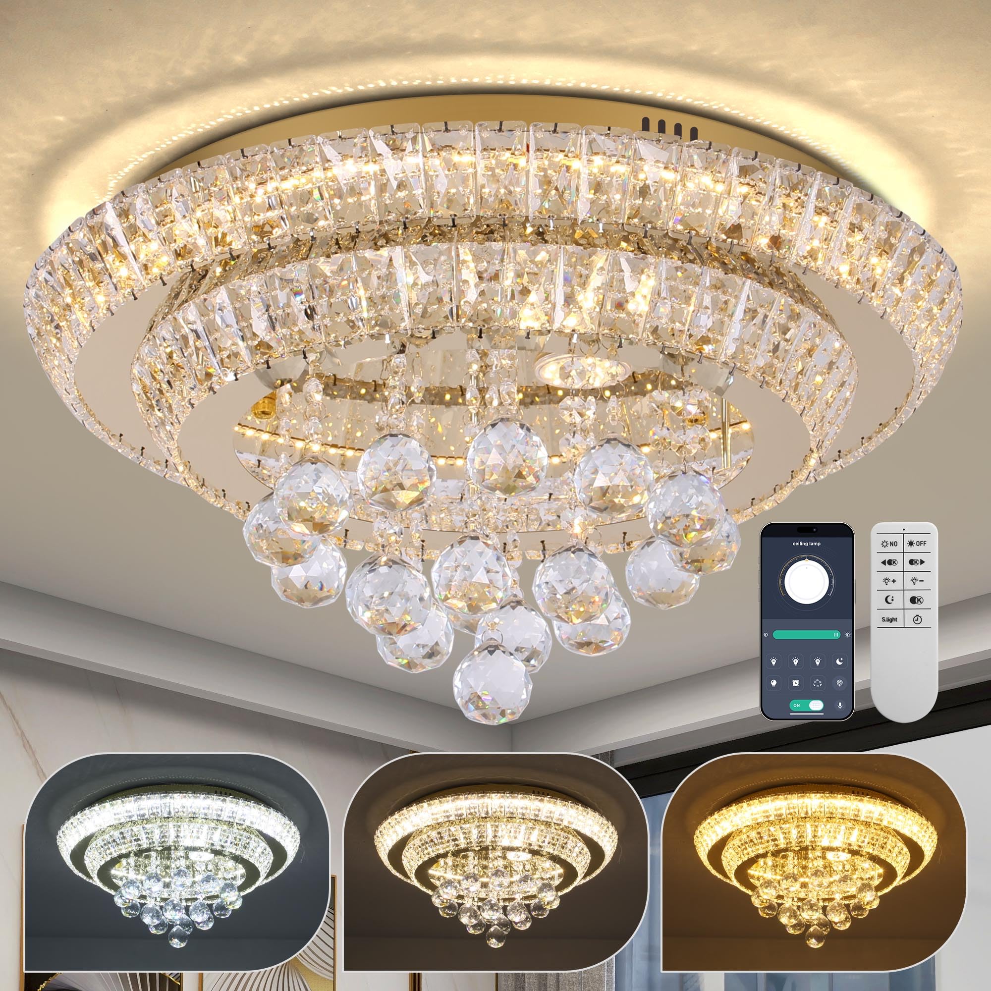 COCOSTAR 20" Gold Crystal Chandeliers, Flush Mount Chandelier LED Ceiling Light, Modern Crystal Raindrop Chandeliers for Dining Room, Living Room, Bedroom