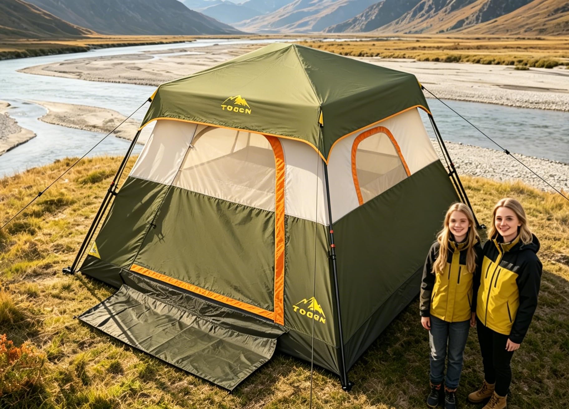 3/4 Person Camping Tent with 1 Door, 4 Windows, and Upgraded Ventilation– Instant Setup, Waterproof, 8'x 8'x 67''Oxford Fabric Floor Pop Up in 60 Seconds Includes Rainfly and Backpack