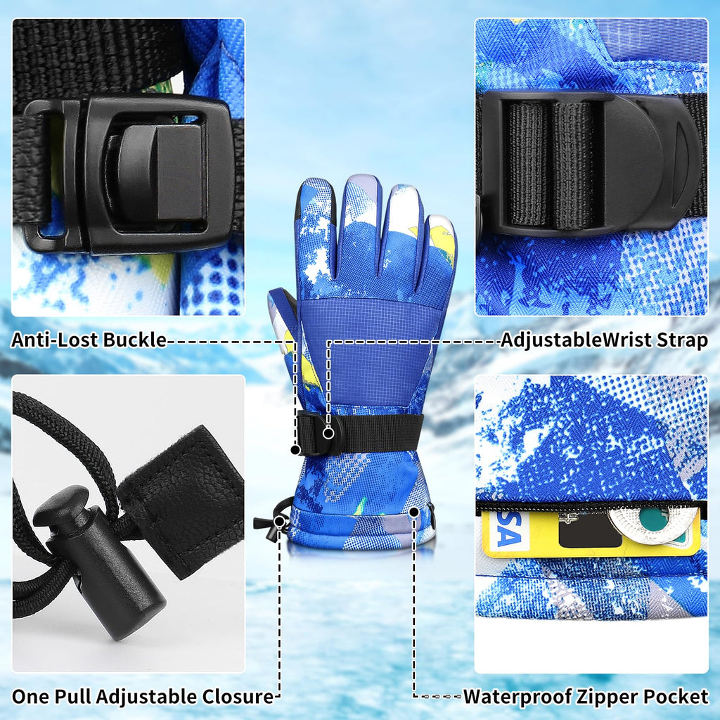 Ski Gloves,Snow Gloves Waterproof Winter Warm Cold Weather Touchscreen Gloves for Parent& Child Kids Skiing,Snowboarding