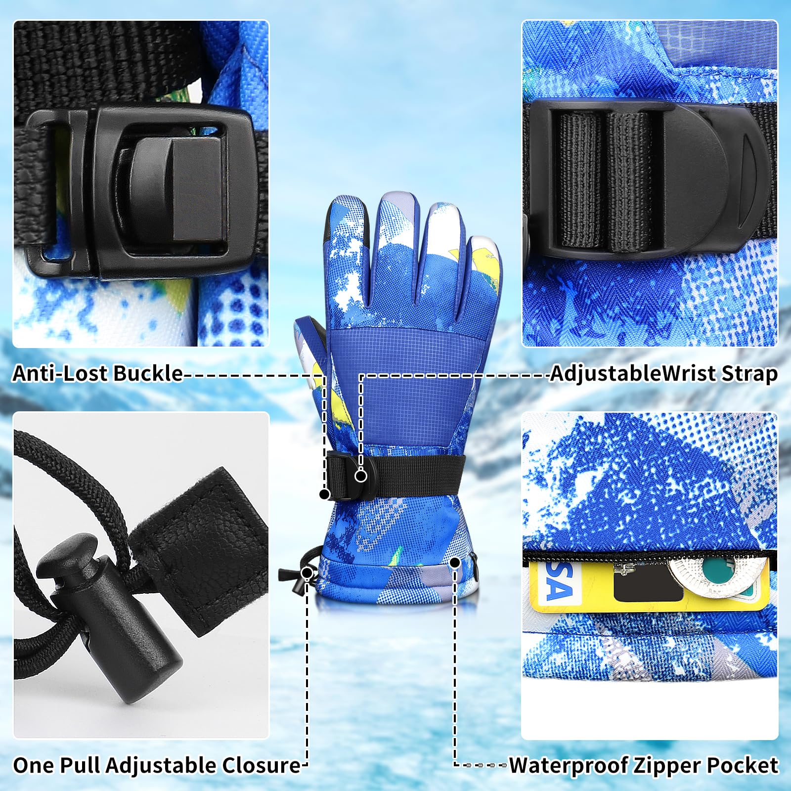 Ski Gloves,Snow Gloves Waterproof Winter Warm Cold Weather Touchscreen Gloves for Parent& Child Kids Skiing,Snowboarding