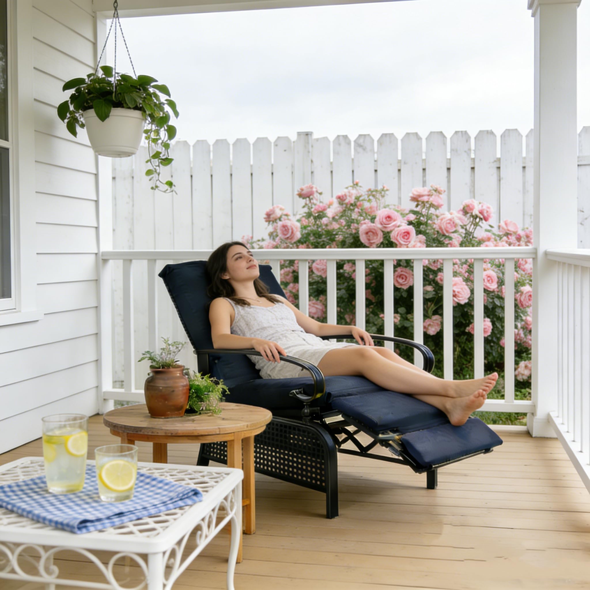 Kozyard Adjustable Outdoor Reclining Lounge Chair, Cushioned Patio Chaise Lounge with Extendable Metal Frame for Sunbathing, Reading & Relaxing – Comfortable Outdoor Recliner, Aqua