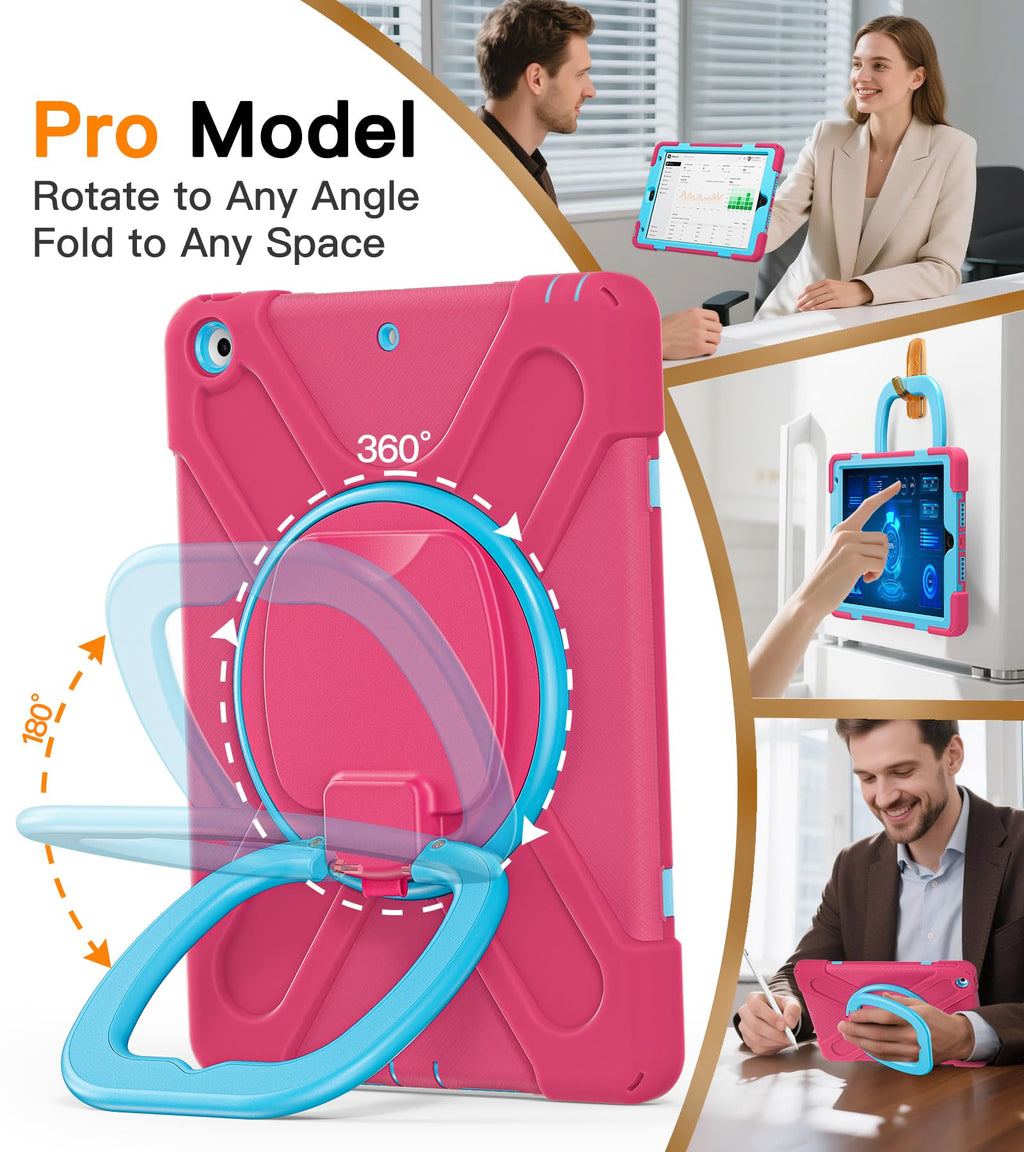 BATYUE for iPad 9th/ 8th/ 7th Generation Case (iPad 10.2 inch Rugged Case 2021/2020/2019) with Screen Protector, Rotating Stand/Pencil Holder/Carrying Shoulder Strap (Colourful Pink)