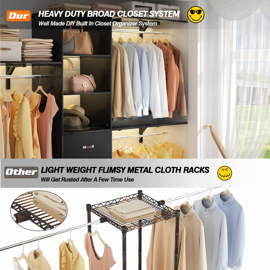 iSunirm 8FT Closet System, 96'' Closet Organizer System with 3 Hanging Rods, Wall Mount Bedroom Wardrobe with 3 Drawers Walk-in Closet, Adjustable Cloth Garment Rack from 5 to 8FT (Cut to Fit), Black