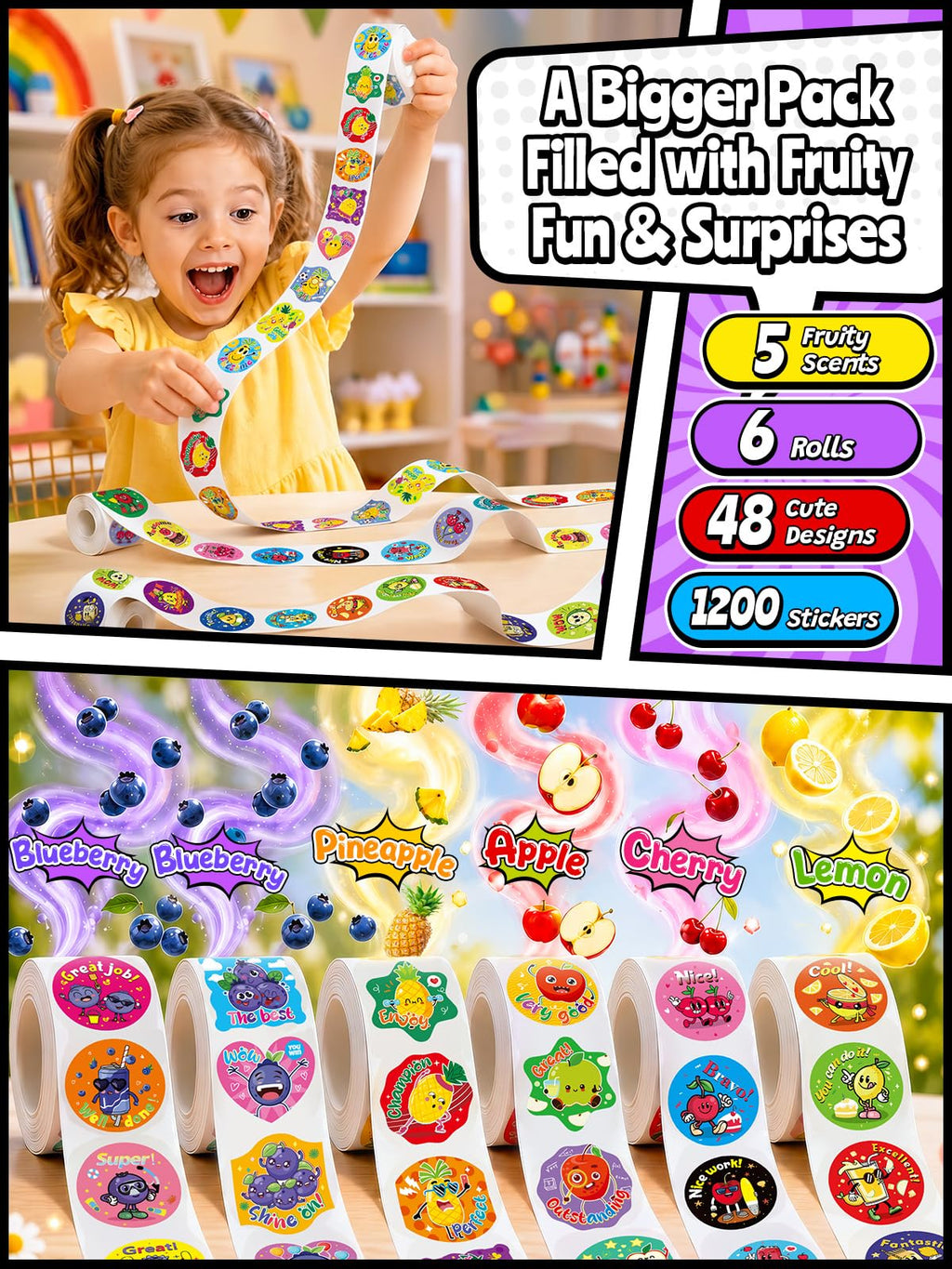 HORIECHALY 3 Rolls Scratch and Sniff Stickers for Kids, 600PCS Smelly Scented Stickers, Kid's Reward Sticker, Classroom Teacher Must Haves, School Supplies Incentives Christmas Children‘s Gift-1.57''