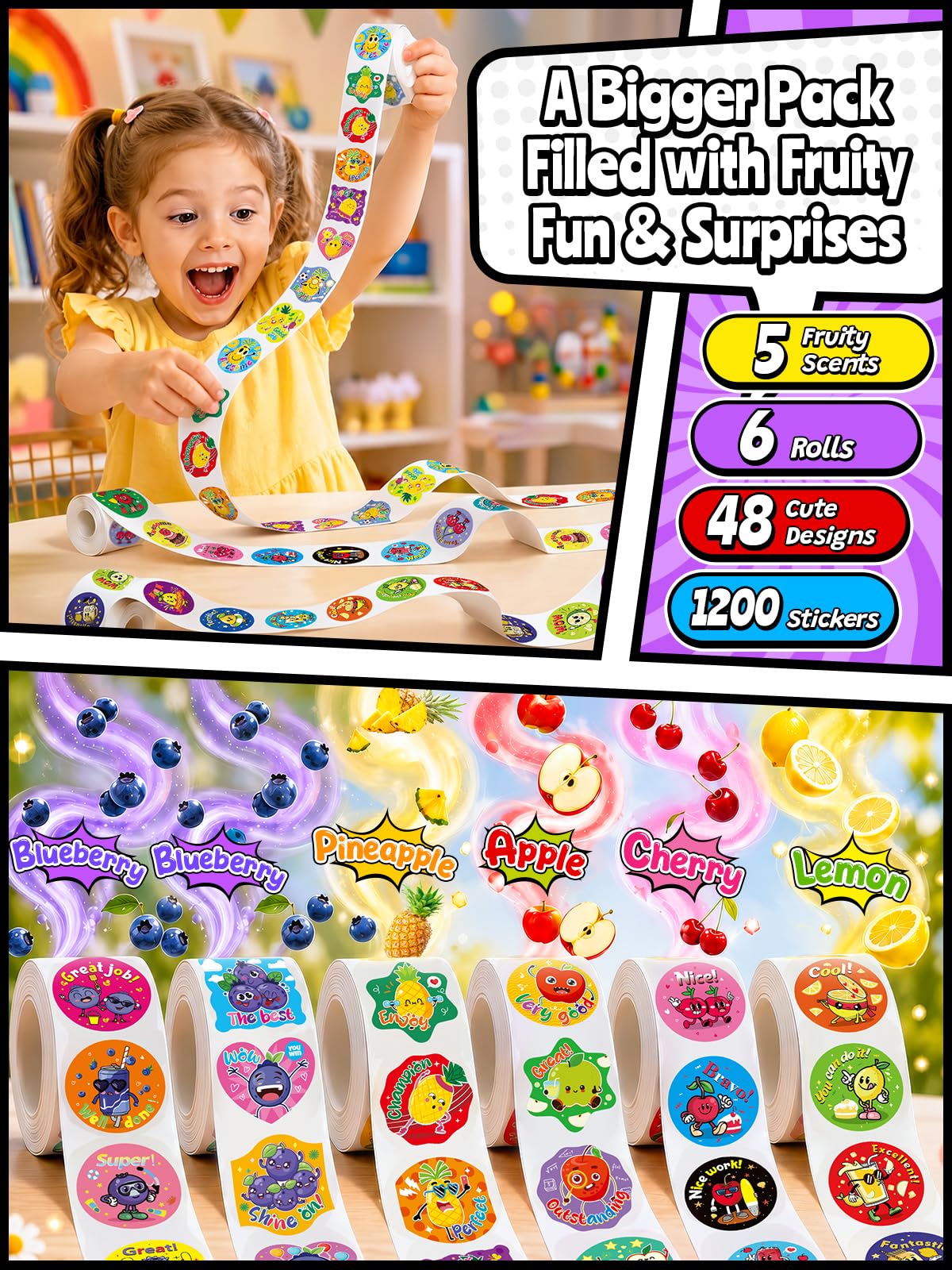 HORIECHALY 3 Rolls Scratch and Sniff Stickers for Kids, 600PCS Smelly Scented Stickers, Kid's Reward Sticker, Classroom Teacher Must Haves, School Supplies Incentives Christmas Children‘s Gift-1.57''