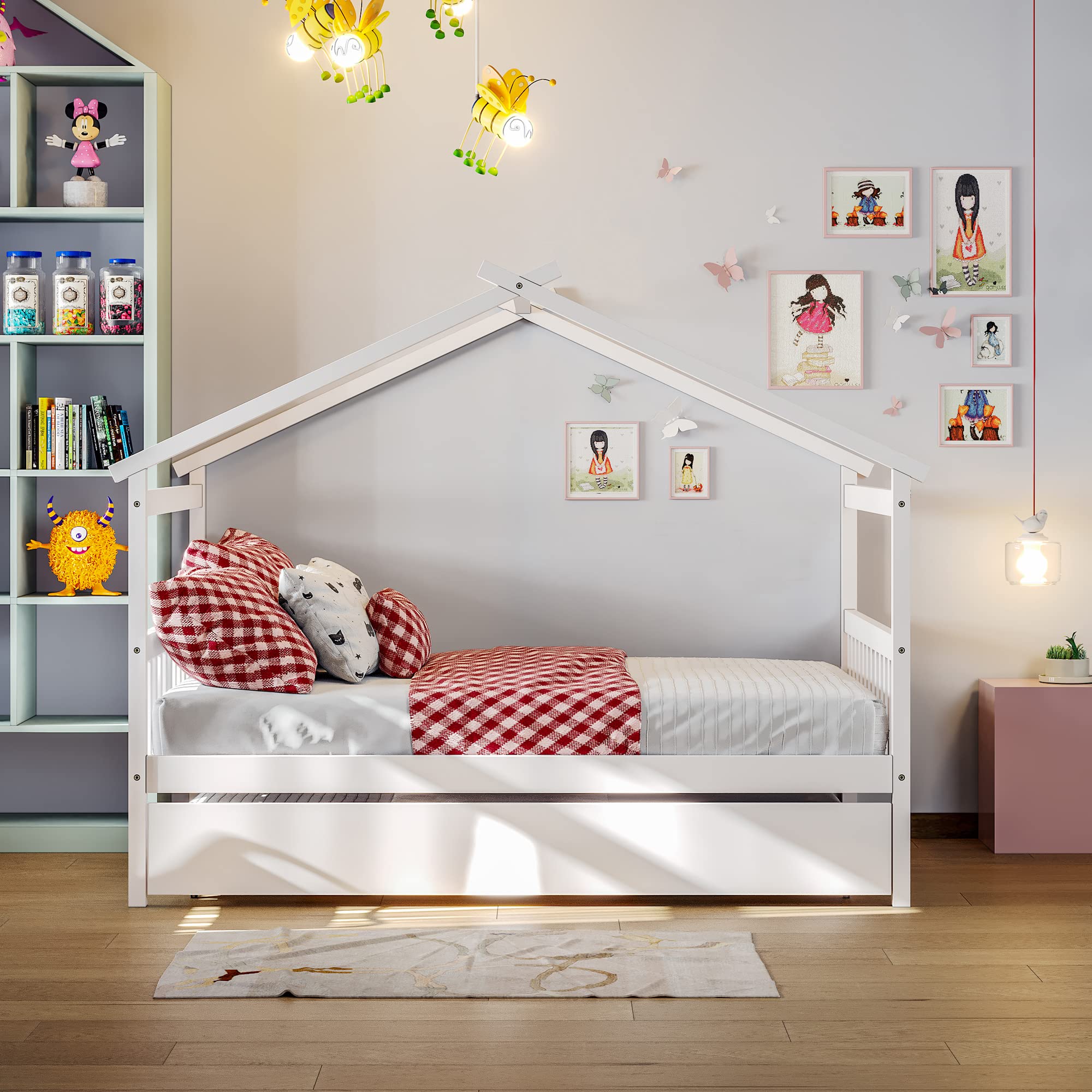 Merax Twin Size Wooden House Bed with Two Drawers, Wood Bed Frame with Roof for Kids, Teens, Boys or Girls, Grey