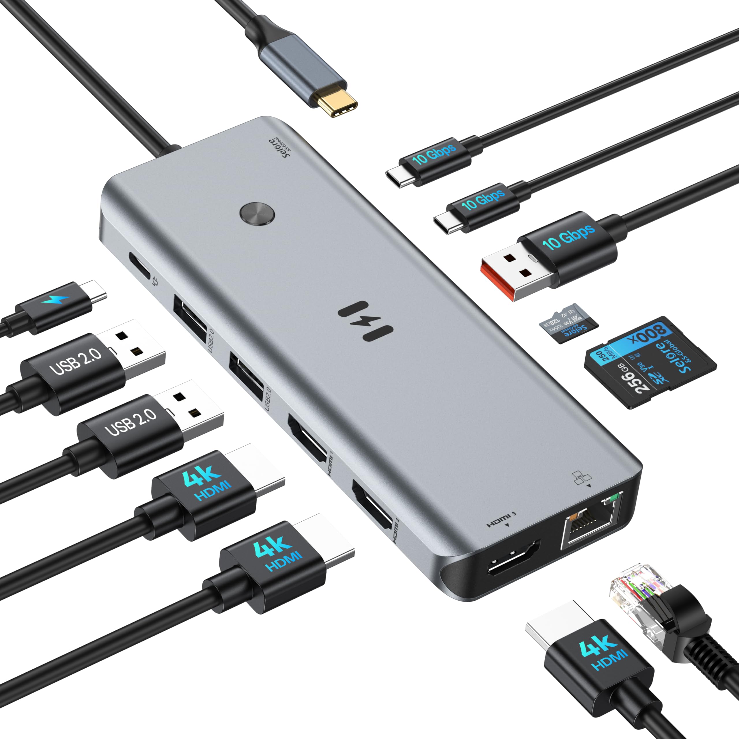 10Gbps USB C Hub with 4K@60Hz Video Display, Selore 5 Ports USB-C Splitter, C Port Data Transfer, 100W PD-in Charging, Dongle Multiport Adapter for MacBook Pro, iPad, Dell, HP, and More