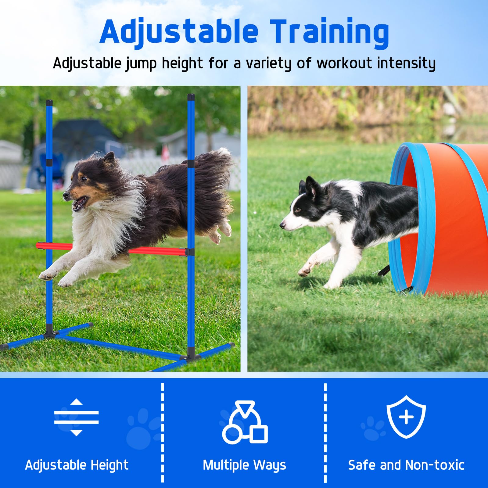 Polar Aurora Dog Agility Equipment, Dog Obstacle Courses Backyard - Pet Outdoor Games w/Adjustable High Jump, Agility Weave Poles, Tunnel, Jumping Ring, Pause Box, 2 Balls,Whistle and Carrying Bag