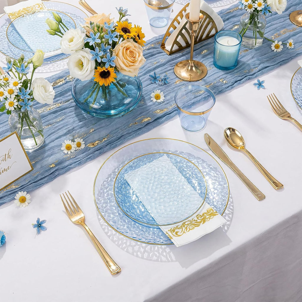 Rubtlamp 100Pcs Amber Gold Plastic Plates, Disposable Plates With Gold Rim, Heavy-duty Party Platos, Hammered Plastic Plates Include 50 Clear Dessert Plates, 50 Dinner Plates for Party