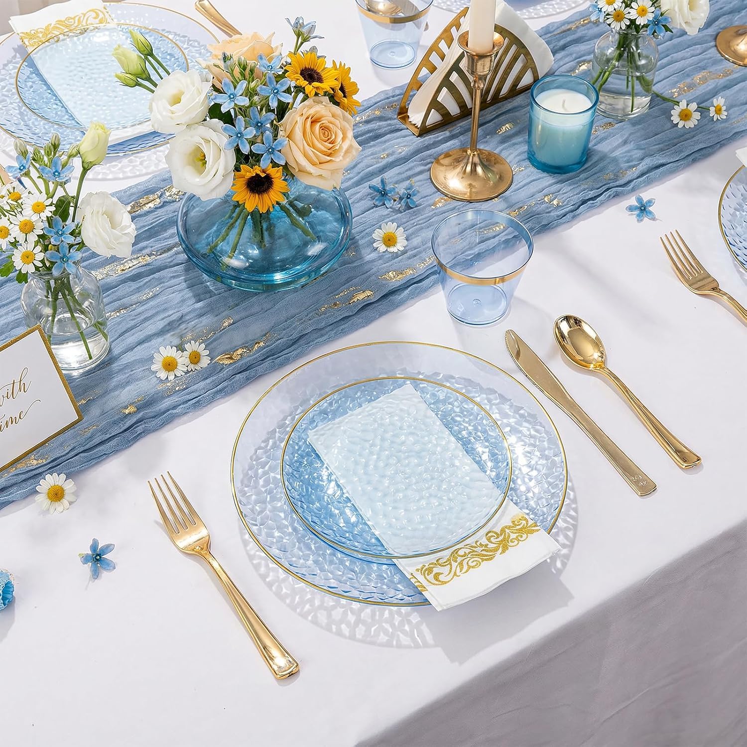 Rubtlamp 100Pcs Amber Gold Plastic Plates, Disposable Plates With Gold Rim, Heavy-duty Party Platos, Hammered Plastic Plates Include 50 Clear Dessert Plates, 50 Dinner Plates for Party