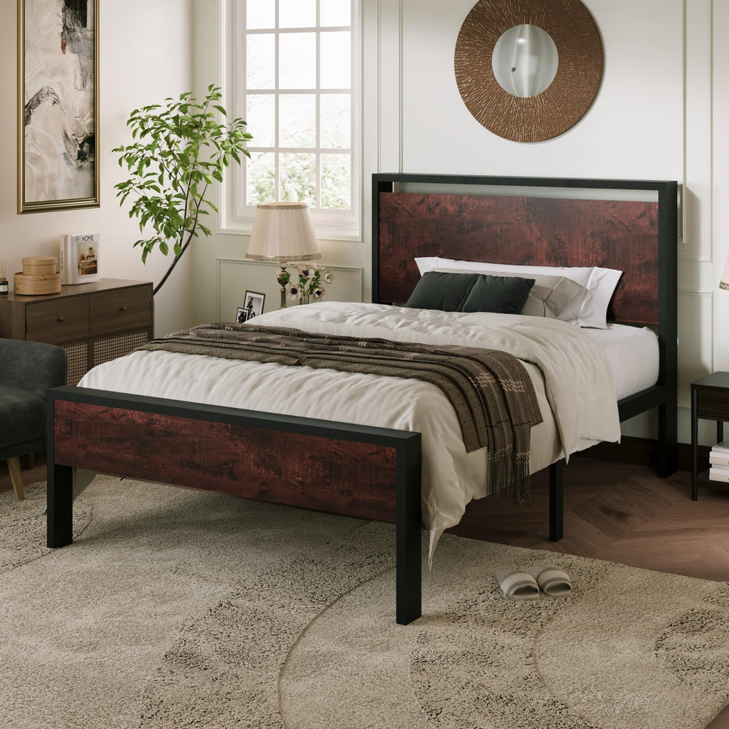 Allewie Twin Size Platform Bed Frame with Wooden Headboard and Footboard, Heavy Duty Metal Slats Support, No Box Spring Needed, Under-Bed Storage, Noise Free, Easy Assembly, Black Oak