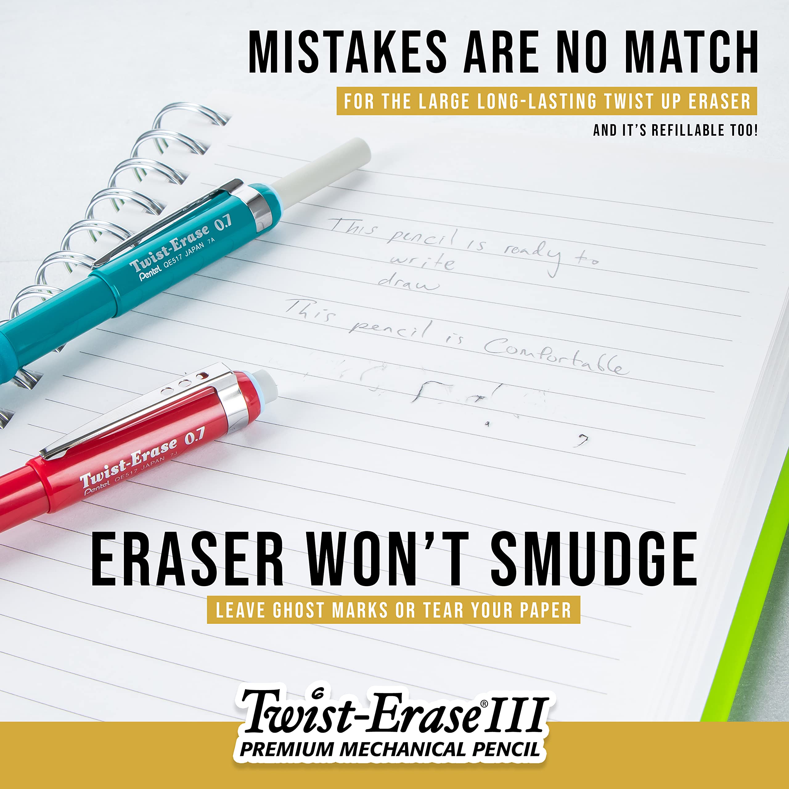 Pentel Twist-Erase III Mechanical Pencil, (0.7mm), Medium Line, Assorted Fashion Color Barrels, Pack of 4 (QE517FBP4M)