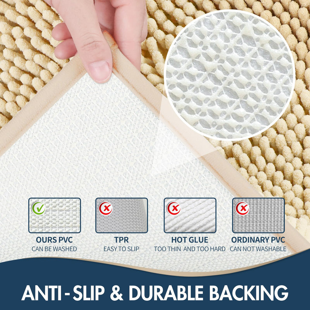 TREETONE Chenille Bath Mat 3 Pieces Bathroom Rugs Set, 20x20 Inches U-Shape Contoured Toilet Mat & 20x32 Inches Rug & Lid Cover,Water Absorbent Plush Rugs for Tub Shower & Bath Room -Beige