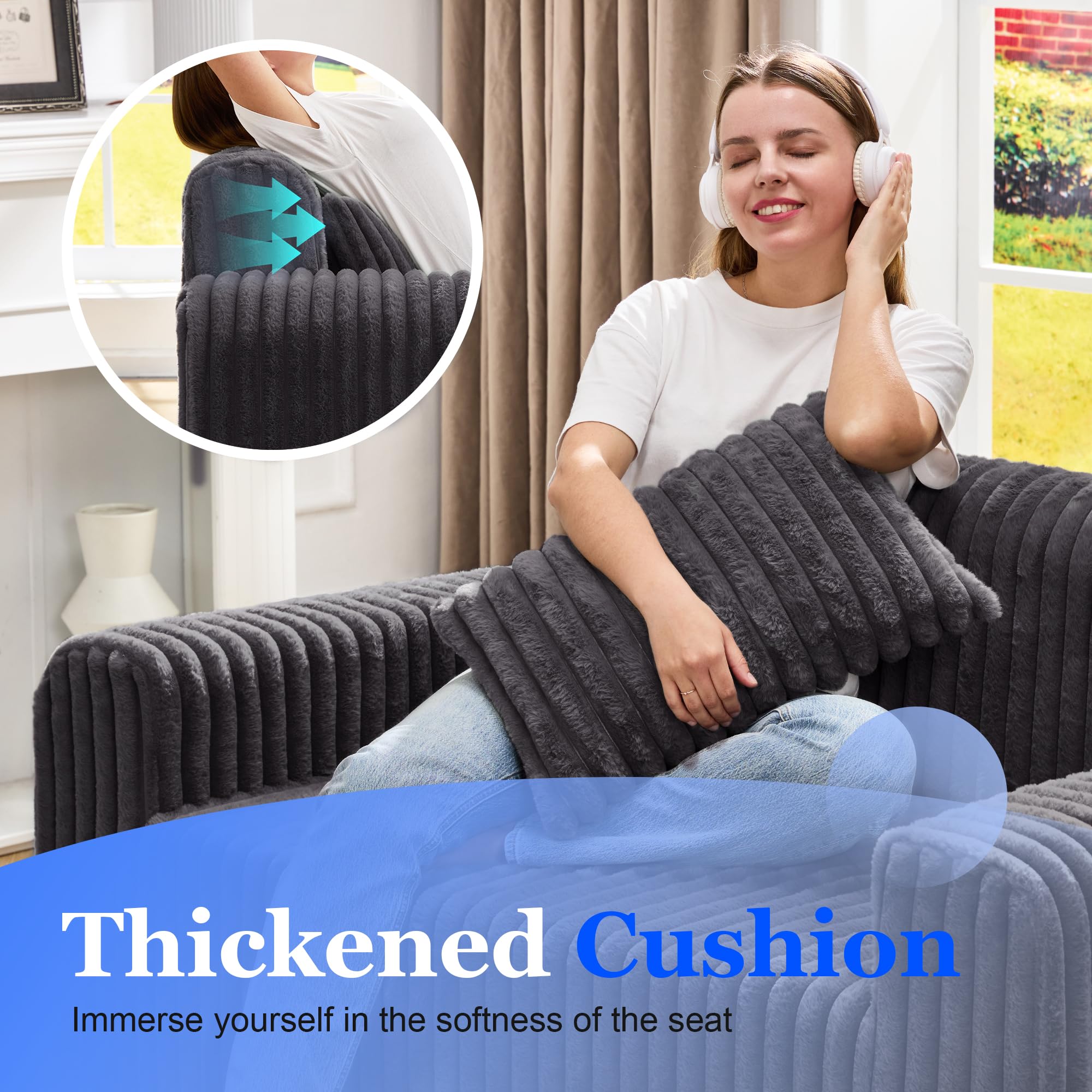 Hobestluk Single Sofa Foam Couch Sofa for Small Spaces Comfy Sofas with Removable Cover Furry Couch with Pillows for Living Room, Bedroom, Apartment, Office (Black, Standard)