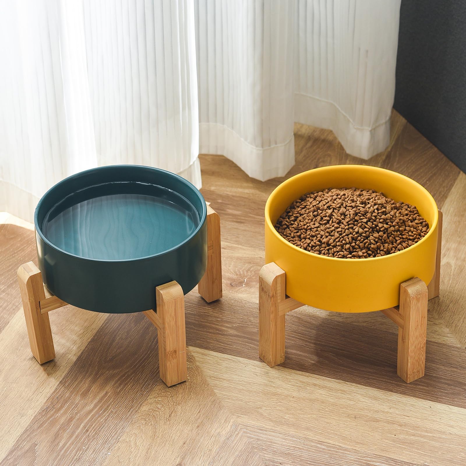 6'' Ceramic Raised Dog Bowl - 30Oz Dog Food & Water Bowl with Elevated Non-Slip Bamboo Stand, Dishwasher & Microwave Safe, Anti Vomiting Heavy Duty Pet Bowl for Small and Medium Dogs, Black