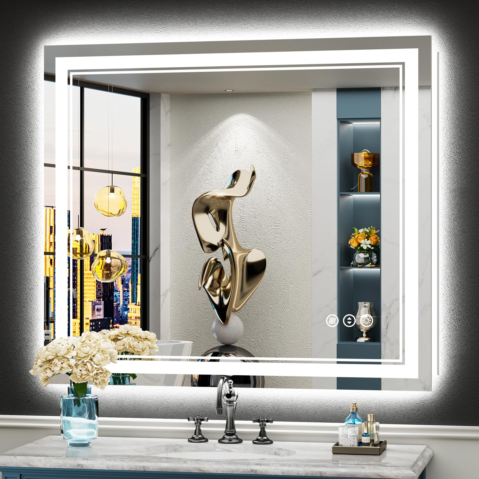 24x32 Black Framed LED Bathroom Mirror with Lights, Backlit and Front Lit Anti-Fog Lighted Vanity Mirrors for Bathroom Wall, Dimmable, 3 Colors, Memory, HD Tempered Glass, Horizontal/Vertical