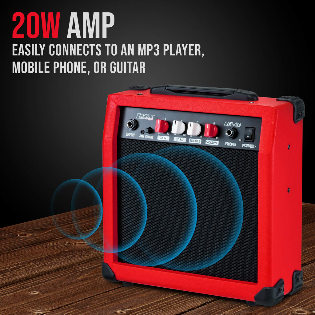 LyxPro Electric Guitar Amp 20 Watt Amplifier Built in Speaker Headphone Jack and Aux Input Includes Gain Bass Treble Volume and Grind - Black