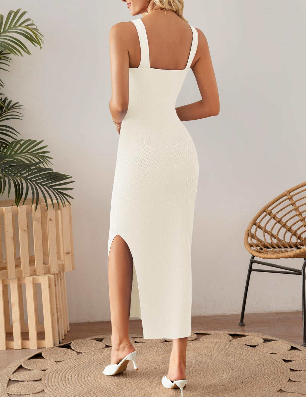 ZESICA Womens 2026 Summer Sleeveless Knit Bodycon Midi Dresses Square Neck Side Slit Beach Vacation Long Sweater Dress