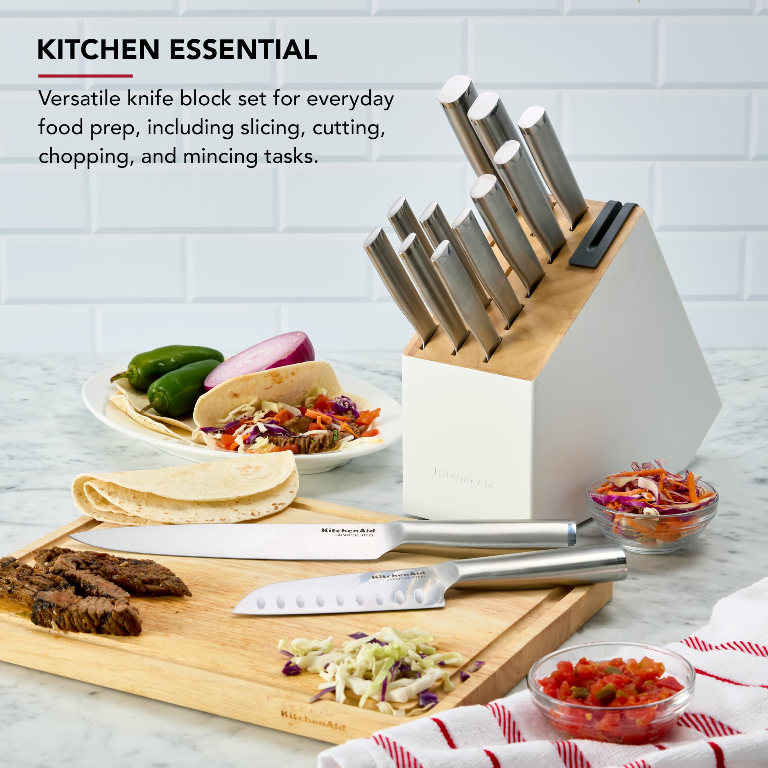 KitchenAid Gourmet Knife Block Set with Built-in Sharpener, 15-Piece, Stainless Steel