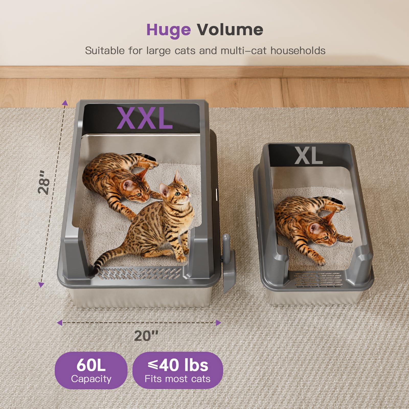 Extra Large XXL Stainless Steel Cat Litter Box with Lid, 26" L x 18" W x 12" H Metal Litter Box with Hight Sides for Big Cats & Multiple Cats, Never Absorbs Odors, Anti-Urine Leakage, Easy Cleaning