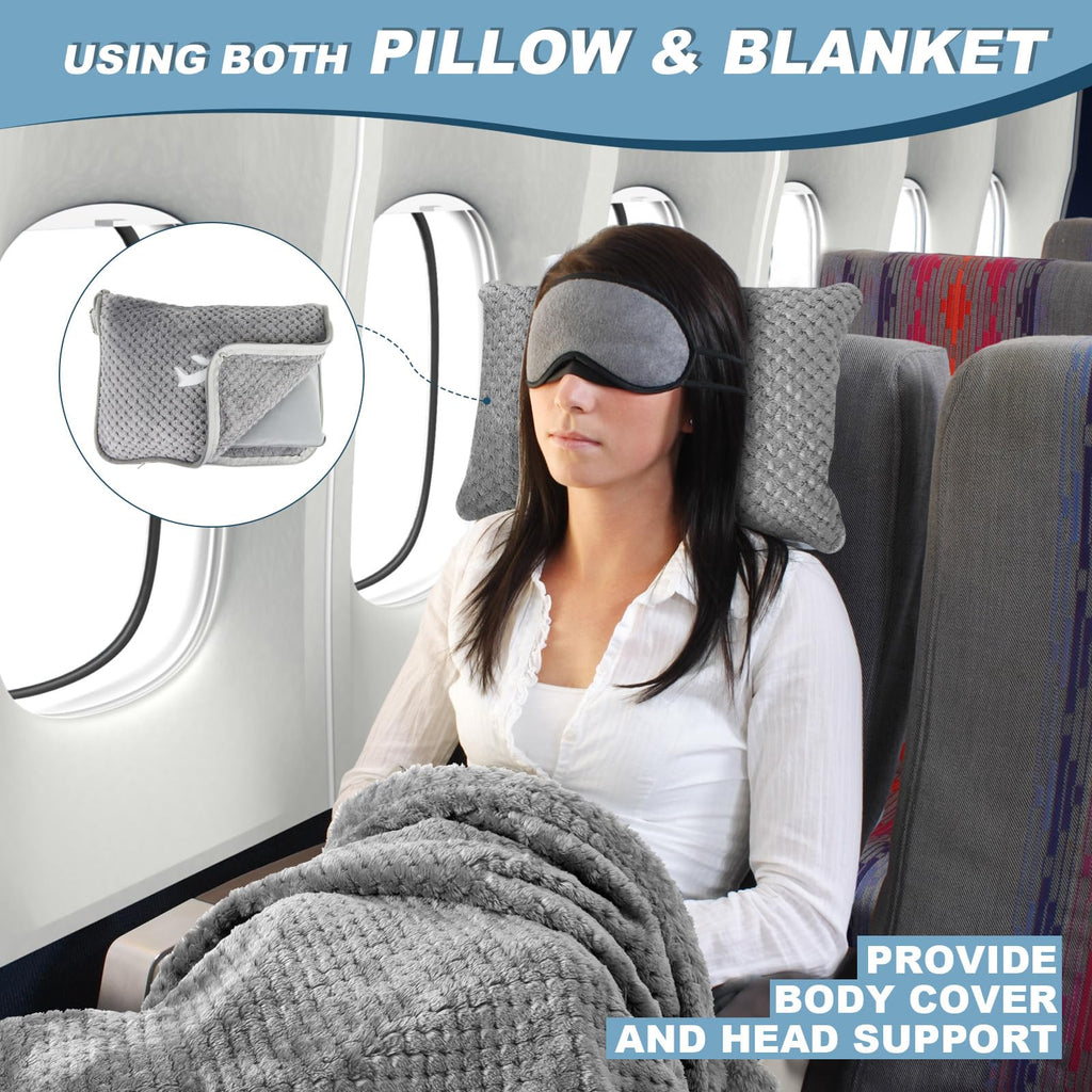 Travel Blanket Airplane Compact with Bag, Travel Essentials 3 in 1 Packable Airplane Blanket, Travel Pillow and Blanket Set, Inflatable Pillow, Luggage Sleeve & Backpack Clip (Camel)
