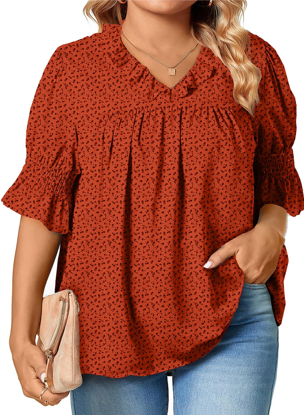 Eytino Plus Size Tops for Women Summer V Neck Short Sleeve Boho Floral Printed Flowy Chiffon Shirts Blouse(1X-5X)