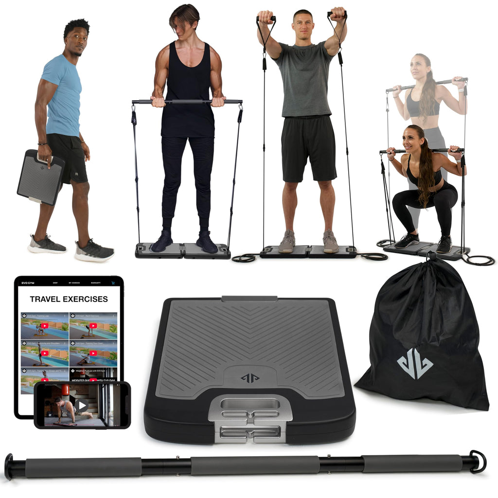 EVO Gym - Portable Home Gym Strength Training Equipment, At Home Gym | All in One Gym - Resistance Bands, Base Holds Gym Bar & Handles for Travel | Portable Gym & Home Exercise Equipment