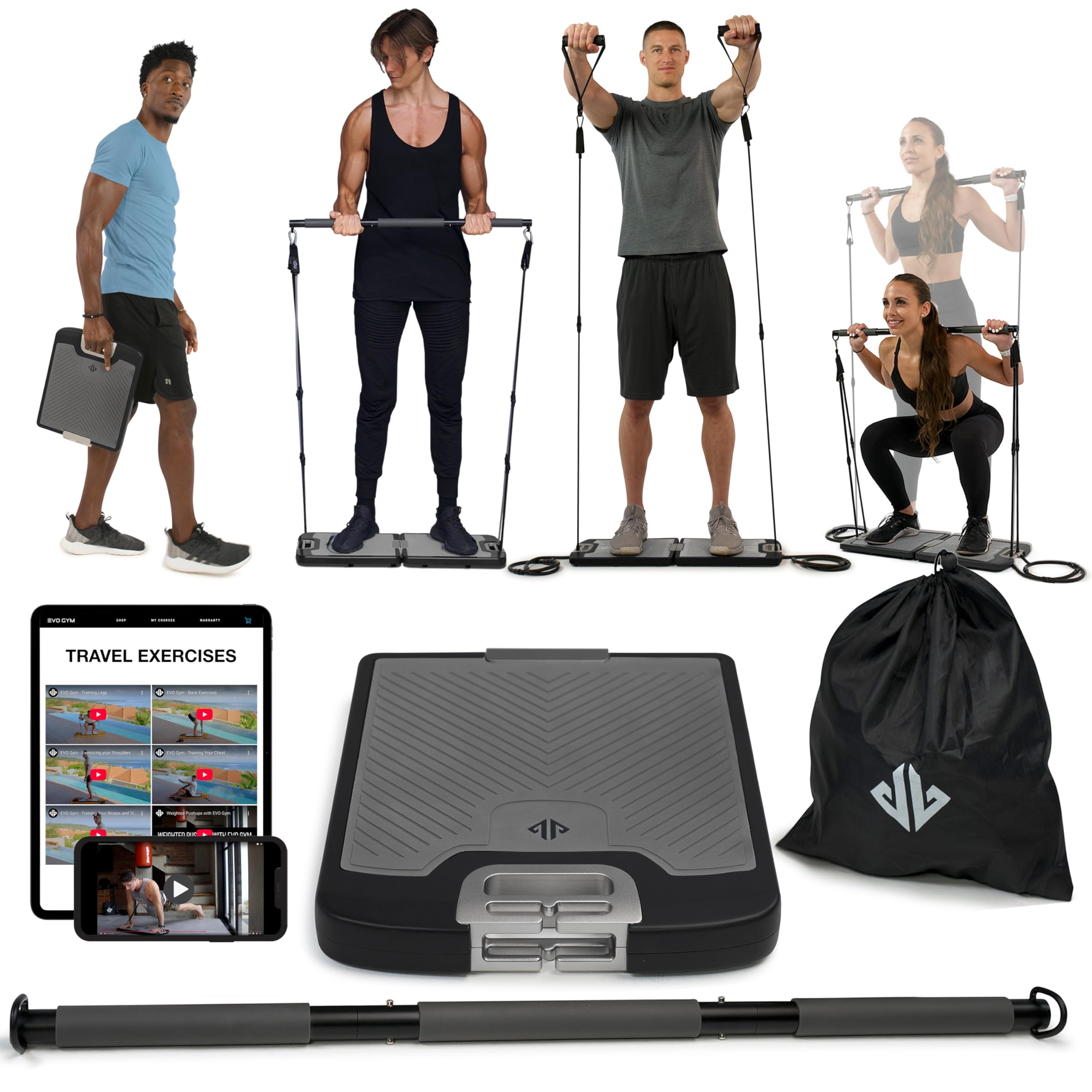 EVO Gym - Portable Home Gym Strength Training Equipment, At Home Gym | All in One Gym - Resistance Bands, Base Holds Gym Bar & Handles for Travel | Portable Gym & Home Exercise Equipment