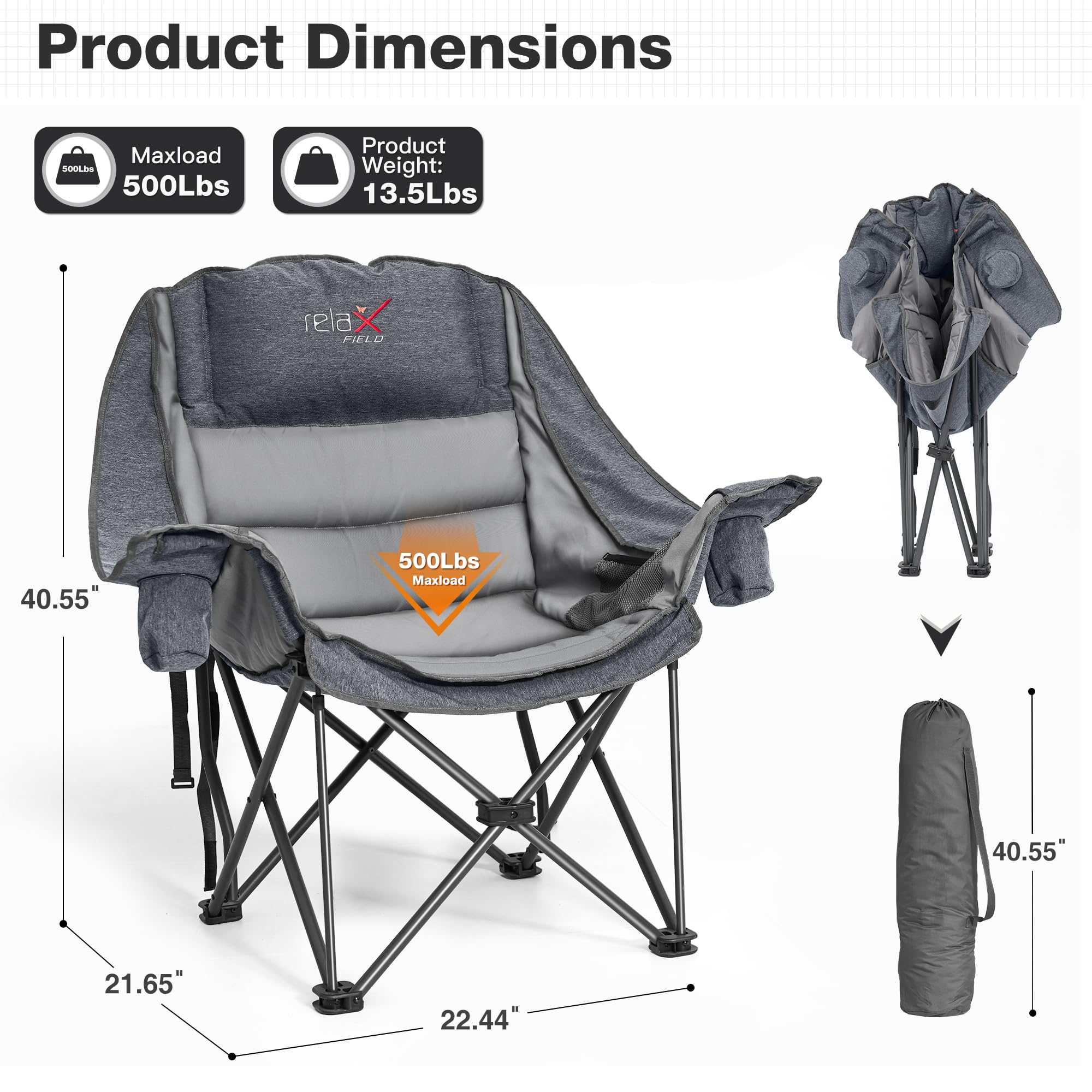 Double Camping Chair Heavy Duty Oversized Padded Loveseat for Adults 2 Person Outdoor Portable Camping Chairs for Lawn, Backyard, Fishing, Trip, Support 600lbs, Grey