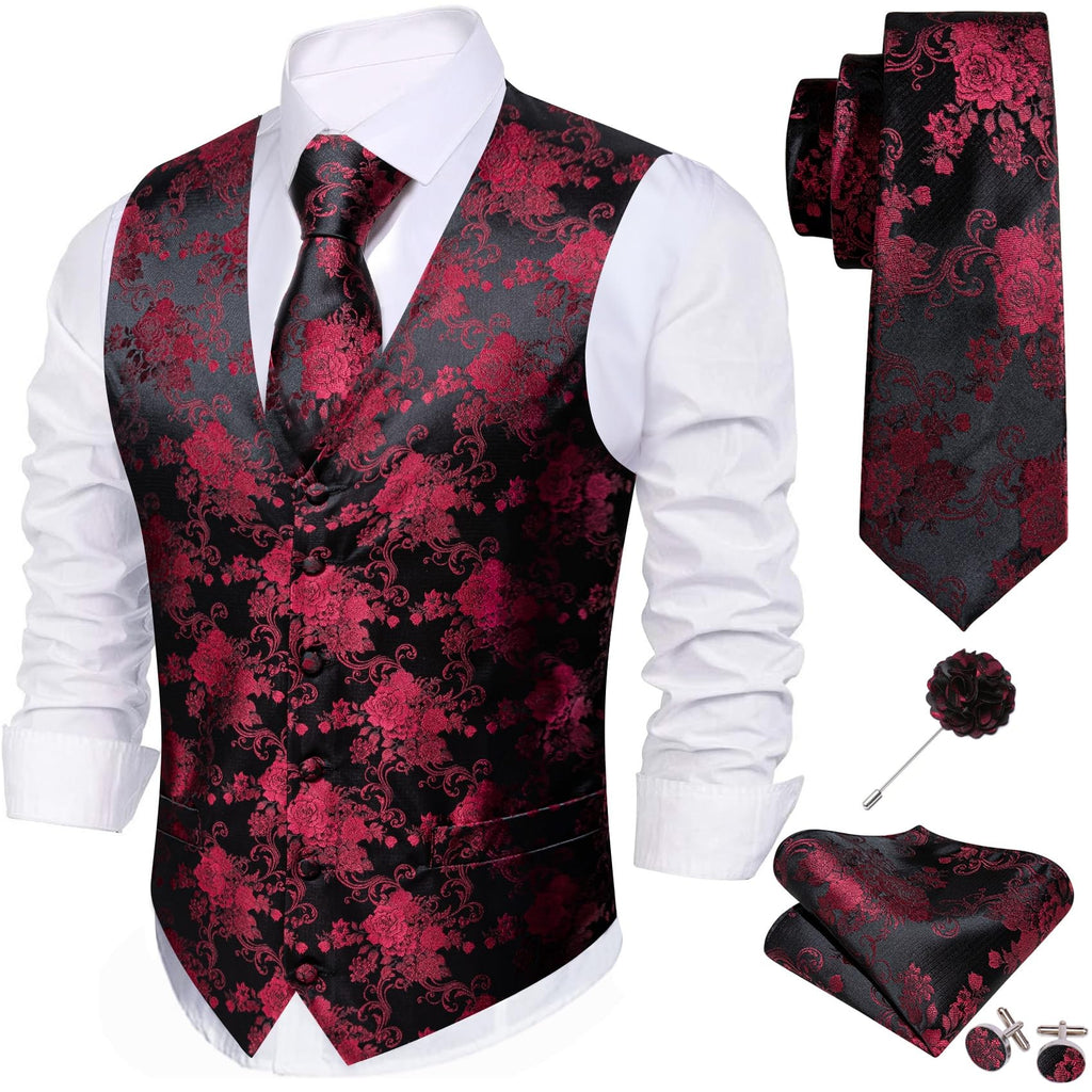 Barry.Wang Men's Suit Vest Formal/Leisure Paisley Jacquard Silk Tie Pocket Square Waistcoat Set Wedding 5PCS