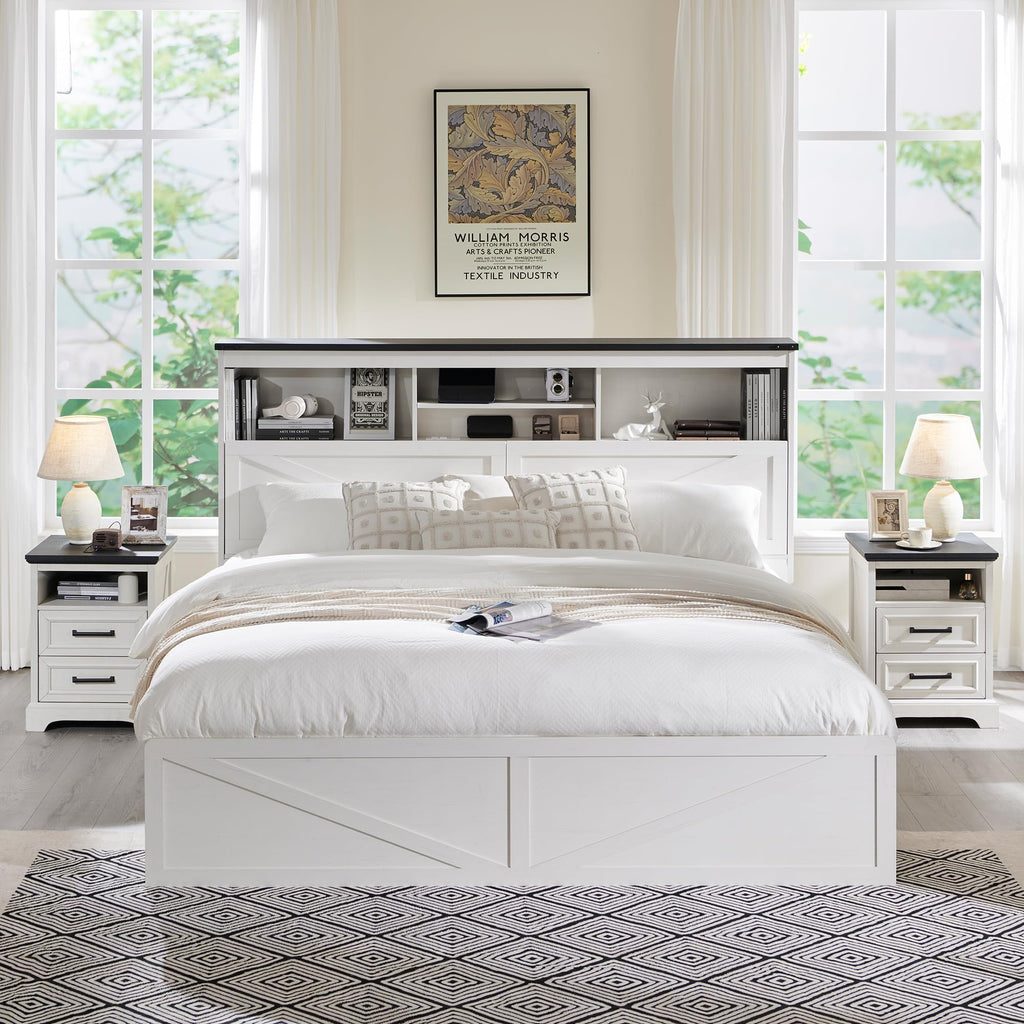 ACCOHOHO Queen Size Wood Bed Frame Farmhouse with 52" Tall Storage Bookcase Headboard, LED Light,Charging Station,4 Drawers and Solid Wood Slats Support,Noiseless,No Box Spring Needed - Black